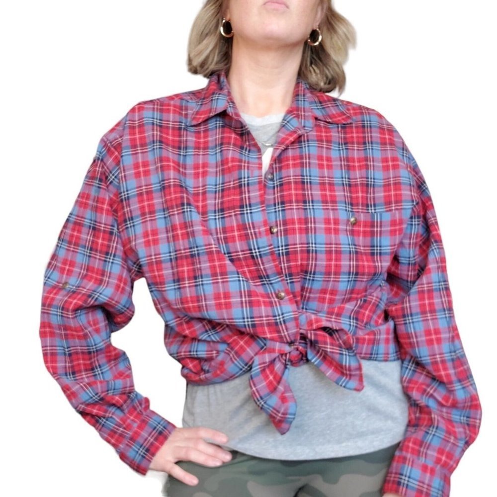 90s Womens L/XL Red Blue Plaid Crinkle Button Up Shirt Roll Tab